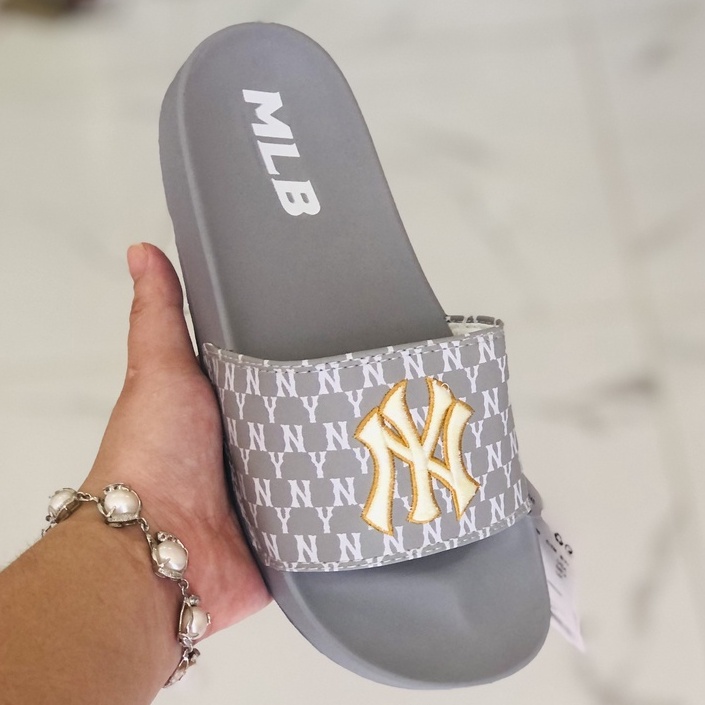 Dép unisex 𝐌𝐋𝐁 𝗡𝗬 ❤️FREESHIP + Hộp❤️ dép mlb quai ngang thể thao nữ Thêu nỗi NY-NY full xám, D.GV-full-xám