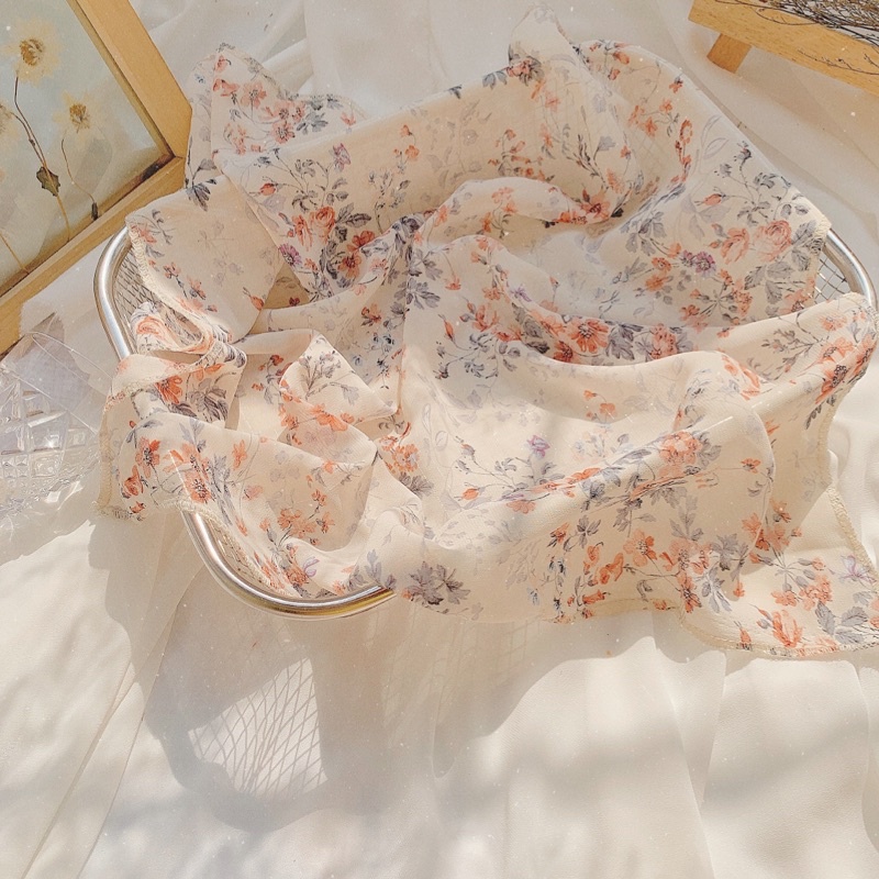 Khăn vải bandana tơ hoa nhí mong manh TIEMMAYKEOKEO turban cổ điển vintage tiểu thư Pháp thời trang nữ 50x50cm