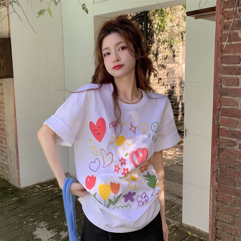 Áo Thun Cổ Tròn Dáng Rộng In Hình Hoa Lá Mùa Hè Phong Cách Hàn Quốc Mới Cho Nữ
