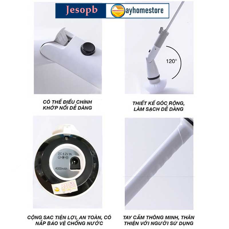Bàn chải làm sạch vệ sinh nhà tắm không dây Jesopb K129 Pin 4000 mAh với 4 đầu thay thế Bảo Hành 6 Tháng