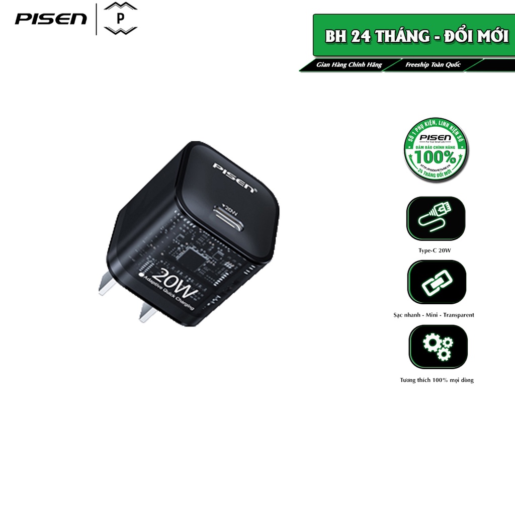 Sạc PISEN Quick ice Crystal PD 20W Transparent - Hàng chính hãng
