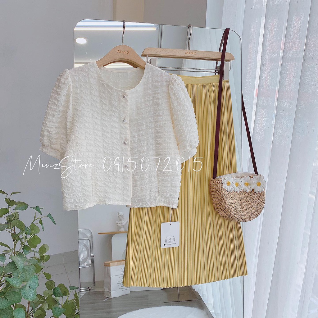 Áo Sơ Mi Công Sở Nữ MINZ STORE Mã 1050 Dáng Lửng, Thiết Kế Tay Bồng Phong Cách Hàn Quốc