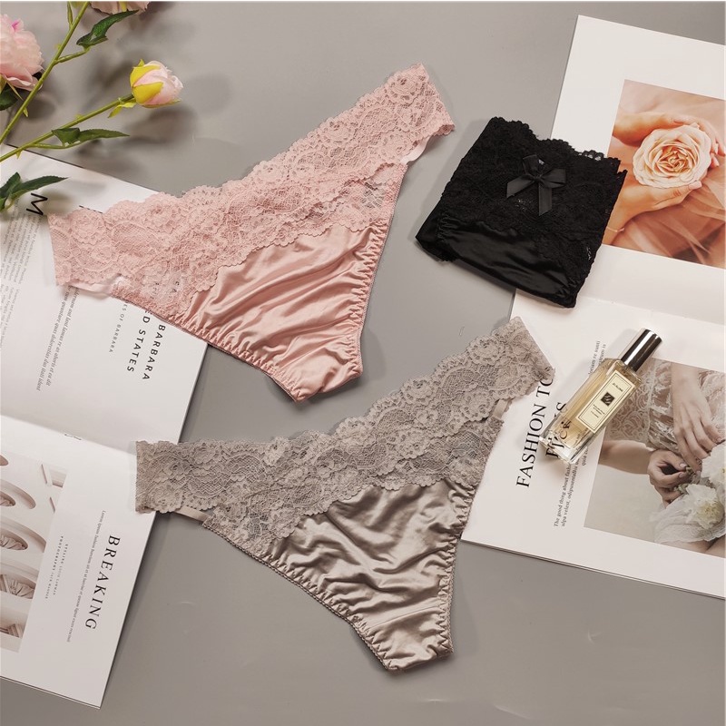 Quần lót lụa Pink play ren eo cạp thấp dáng V _NuciFera
