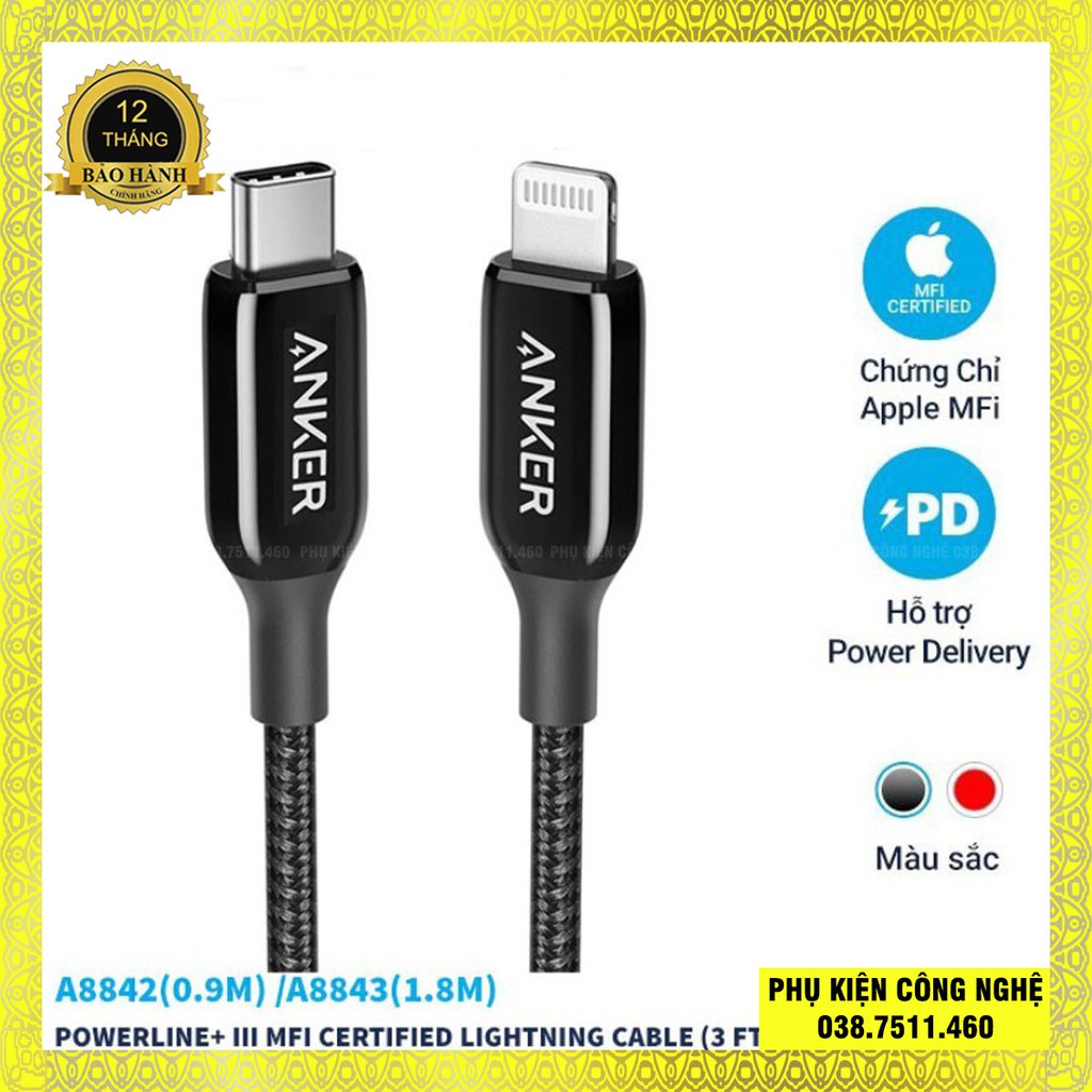 Cáp sạc nhanh Anker PD A8842/A8843 PowerLine III+ TypeC to Lightning