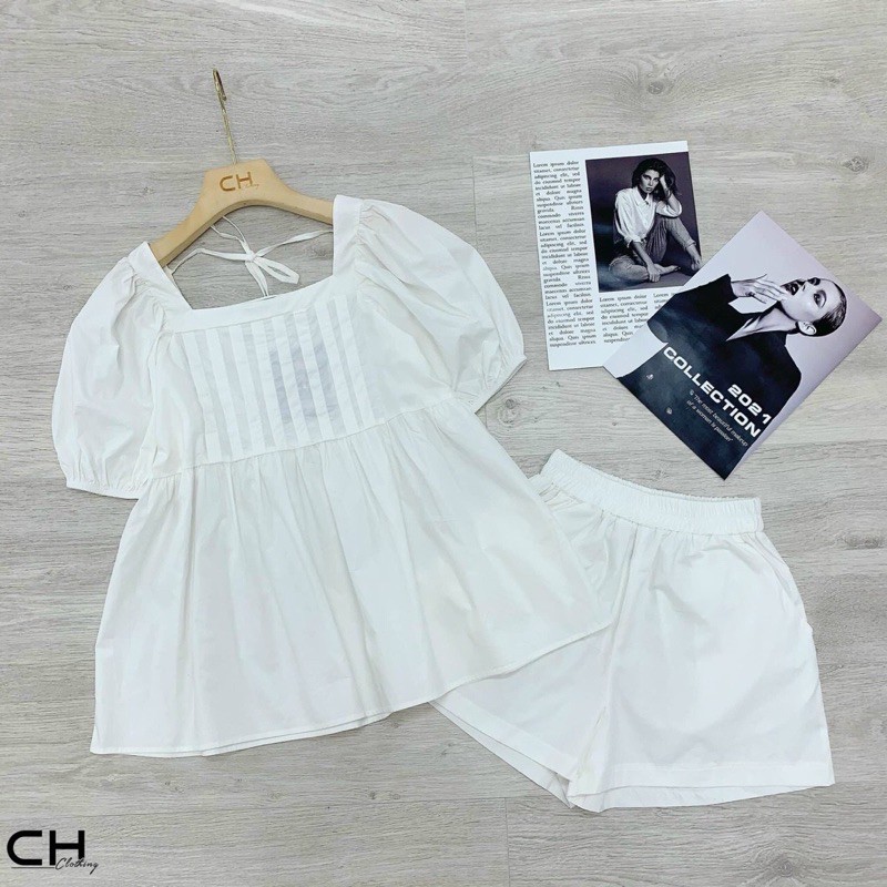 set bộ cộc cổ vuông xếp li ngực | BigBuy360 - bigbuy360.vn