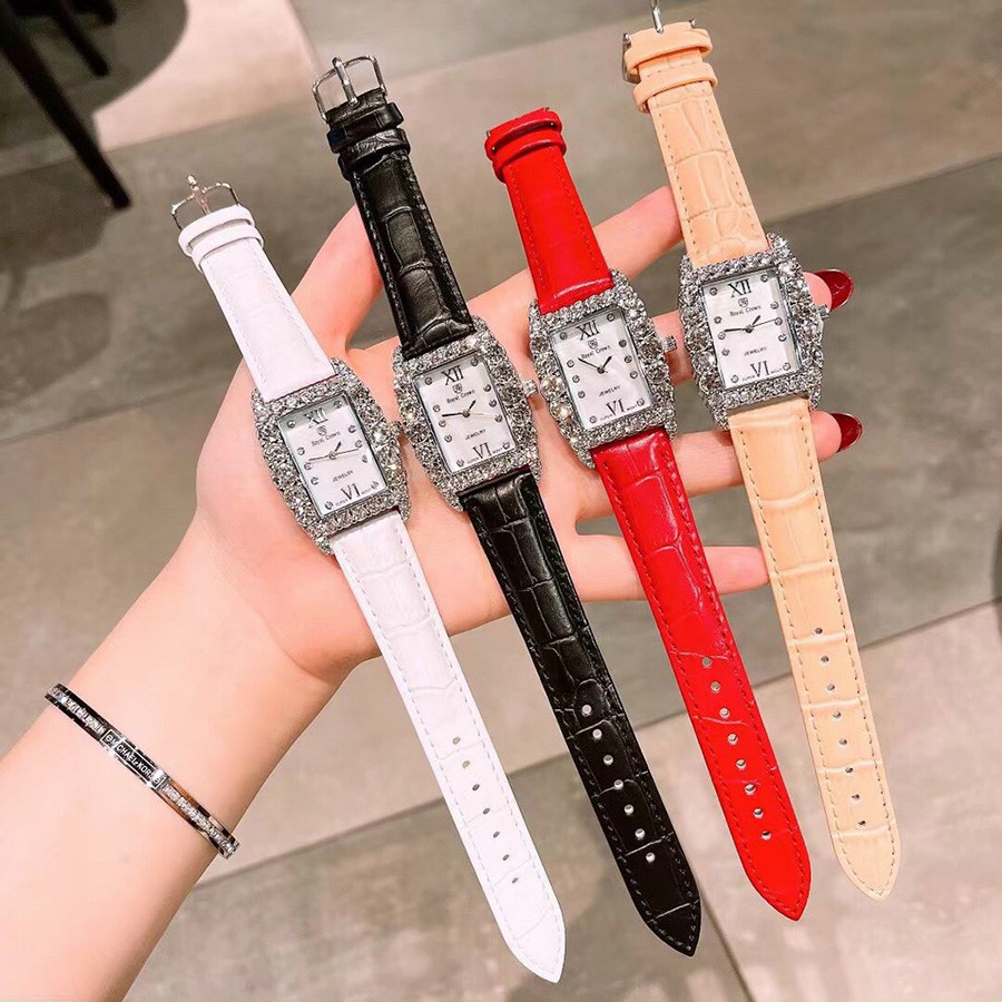 Đồng hồ nữ royal crown mặt vuông đính đá dây da vân cá sấu sang trọng cao cấp chống nước 3ATM
