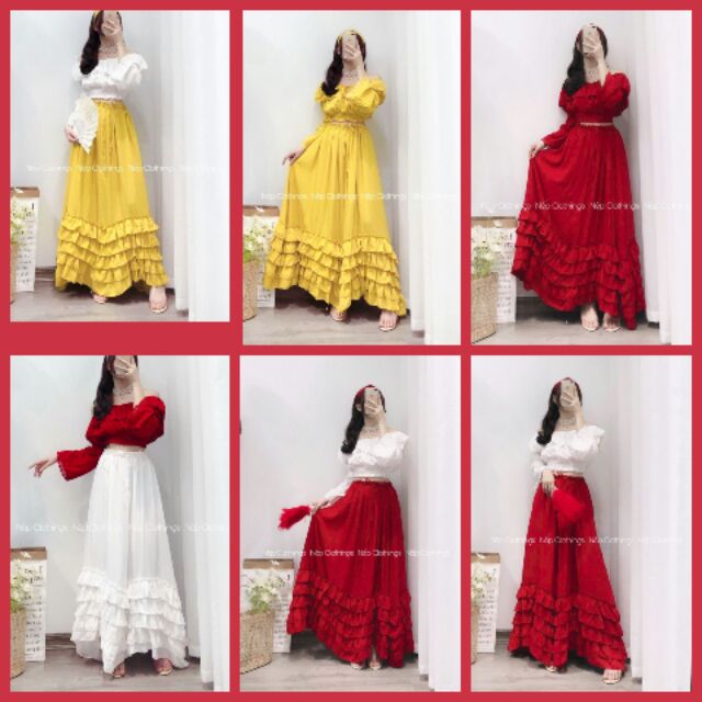 Sét áo váy boho đỏ/ sét áo maxi trễ vai chân váy xòe boho đi biển | BigBuy360 - bigbuy360.vn