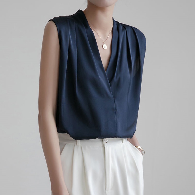 Áo sơ mi chiffon RENJIANVSHENG 165822 màu trơn không tay cổ chữ V thời trang cho nữ