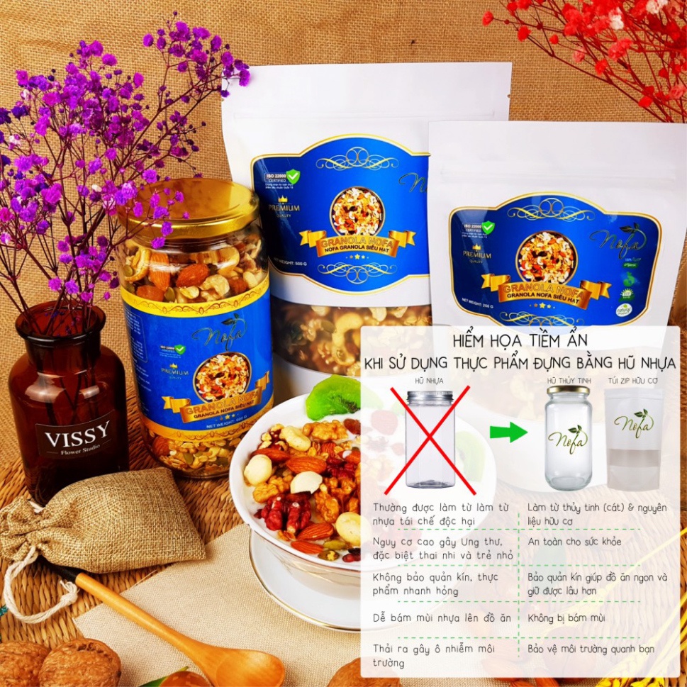 Granola siêu Hạt &amp; Quả NOFA 600gr, Ngũ cốc giảm cân thêm Macca, Óc chó đỏ, Dâu tây