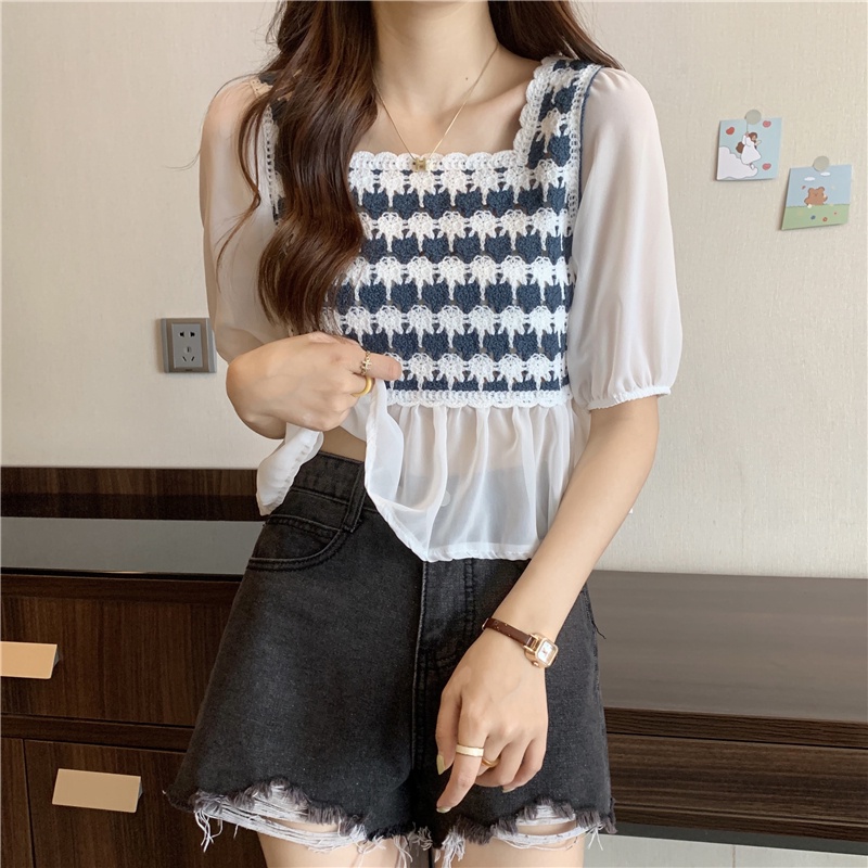 Áo ZHELIHANGFEI dệt kim tay phồng cổ vuông xinh xắn dành cho nữ