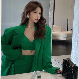 Spring and summer pure desire solid color three piece loose suit coat small suspender high waist skirt net red burst suit female