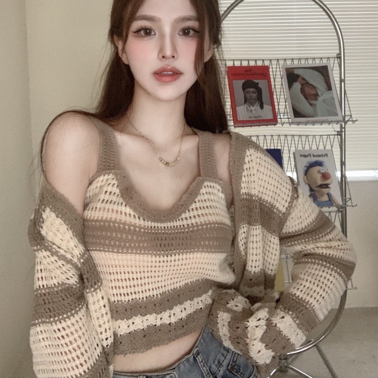 Bộ áo cardigan dệt kim sát nách kẻ sọc + quần lưng cao ZHELIHANGFEI quyến rũ thời trang cho nữ