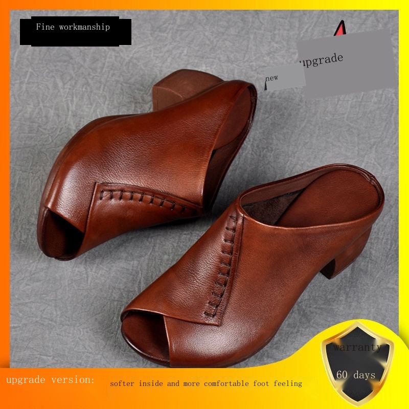 Dép Da Đế Dày Mềm Mại Thoáng Khí Thoải Mái Phong Cách retro Mùa Hè Cho Nữ Trung Niên