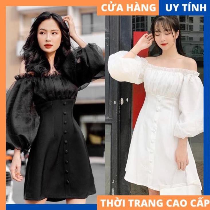 Đầm trễ vai cúc bọc cao cấp - Váy trắng quảng châu siêu xinh Venus Shop  ྇