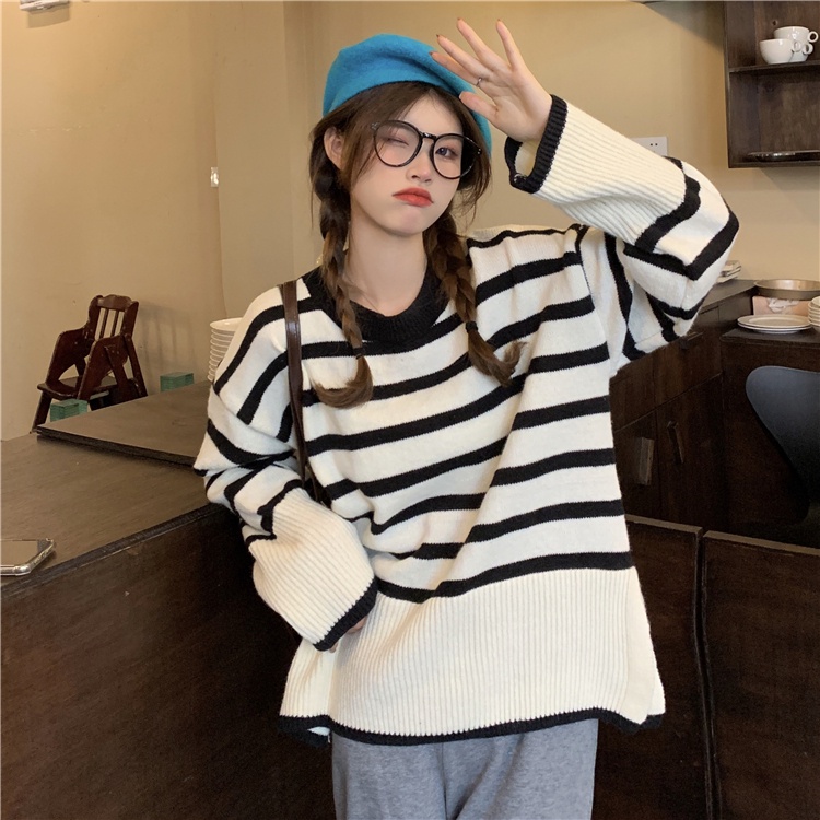 Áo sweater ZHELIHANGFEI tay dài dáng rộng thiết kế xẻ tà bên hông họa tiết kẻ sọc ngang thời trang trẻ trung