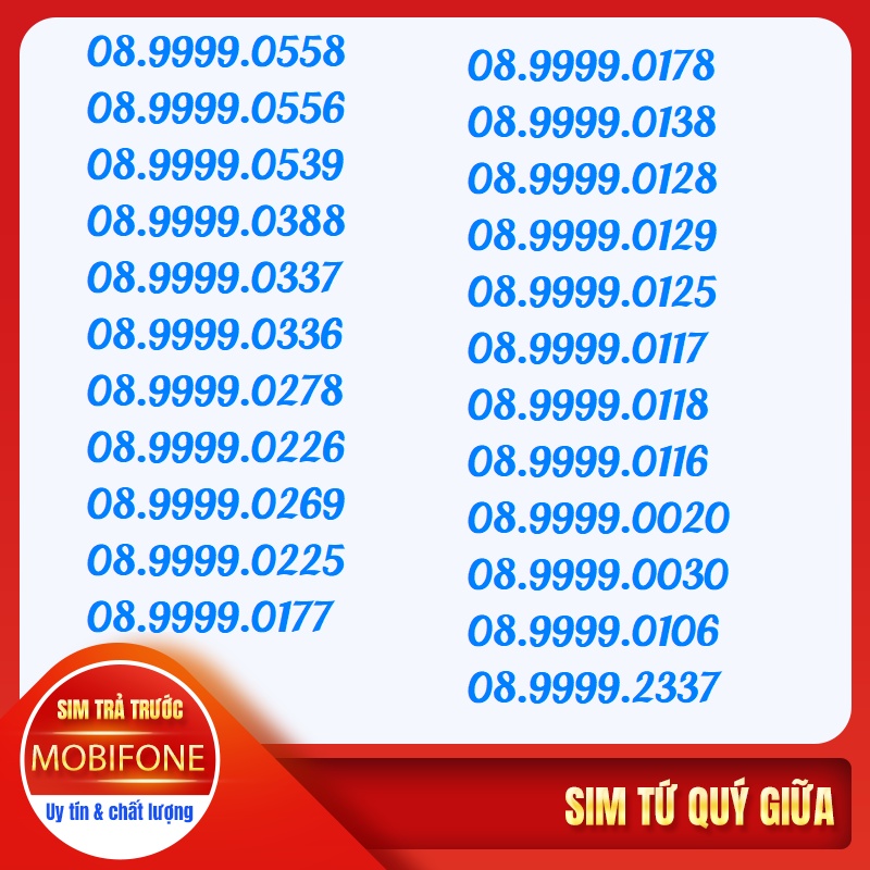 Sim số đẹp tứ quý giữa 08.9999.xxxx mạng mobifone trả trước