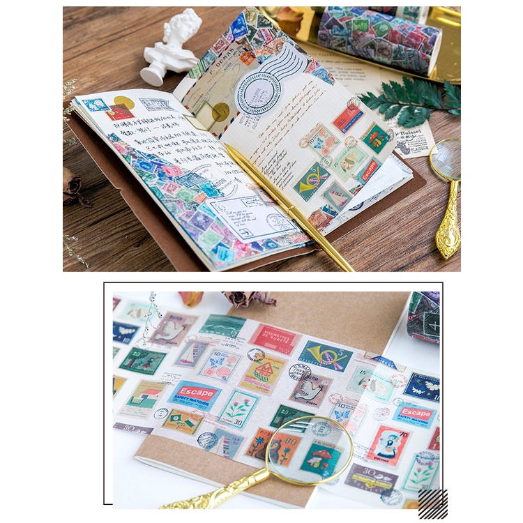 Cuộn 10cm x 5 Mét Hình Tem Thư Vintage Washi Tape Khổ Lớn KT Băng Dán Trang Trí Sổ Bullet Journal Retro