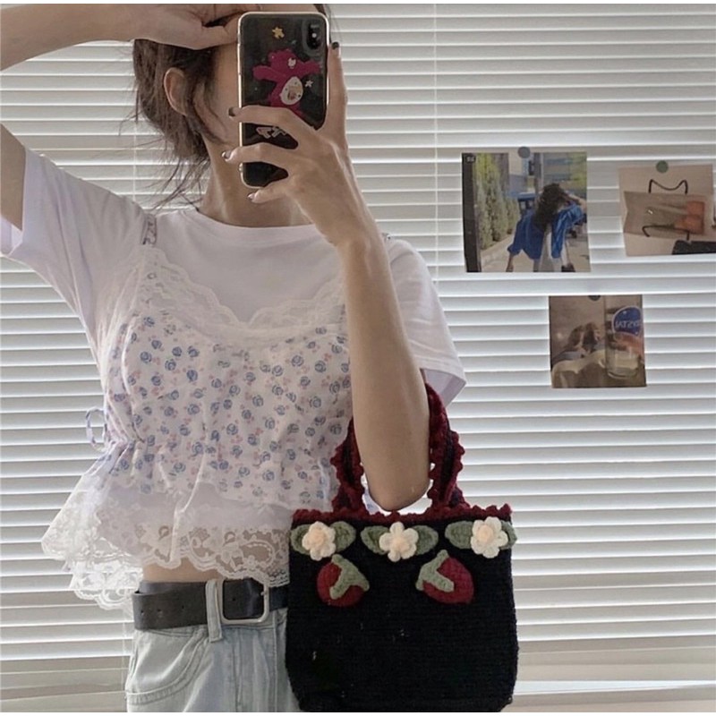 Set áo 2 dây hai dây hoa nhí croptop ren +áo thun áo phông