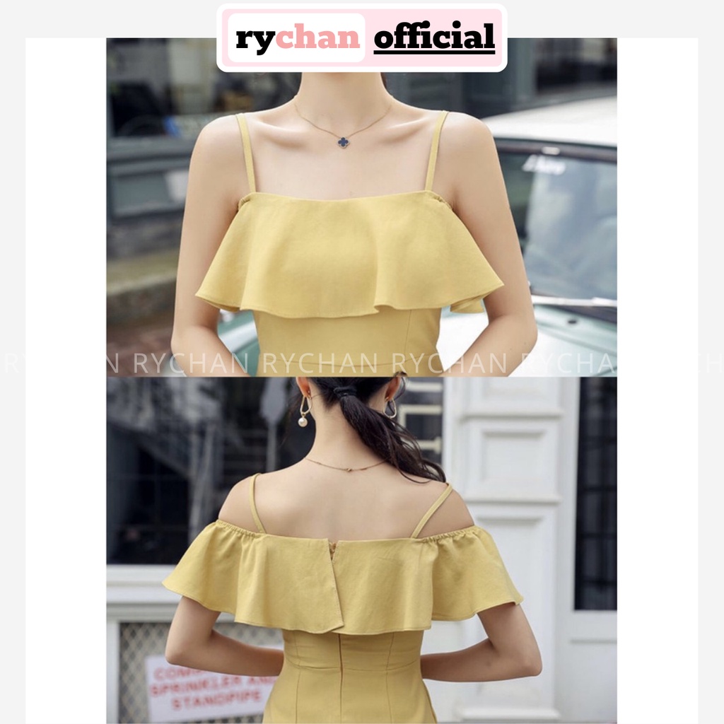 [ẢNH THẬT CUỐI] Đầm Xòe Vàng Trễ Vai Hai Dây Xẻ Trước - DX942