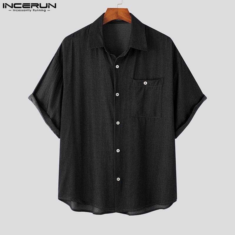 Áo sơ mi INCERUN denim tay ngắn phối nút cài trẻ trung thời trang dành cho nam