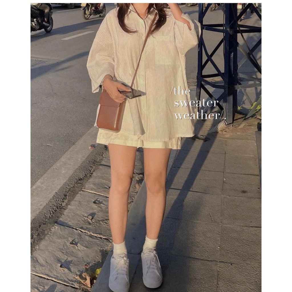 Áo Sơ Mi Kẻ Sọc cộc tay free size dáng rộng Hàn Quốc