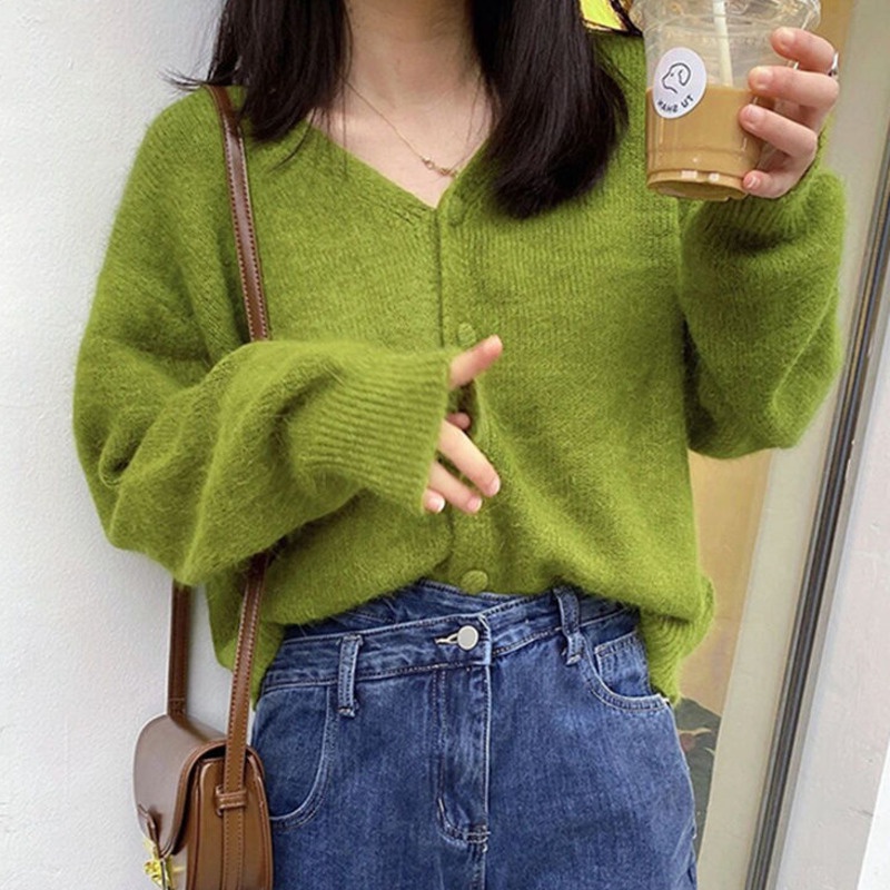 Áo dệt kim RENJIANVSHENG 206852 tay dài màu xanh lá phong cách retro Pháp thời trang cho nữ