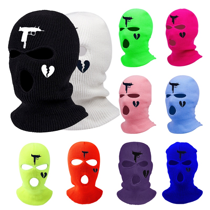 Mũ beanie Mặt Nạ Toàn Bộ Mặt Giữ Ấm Thiết Kế 3 Lỗ Thêu Họa Tiết Trái Tim Phong Cách Chiến Thuật