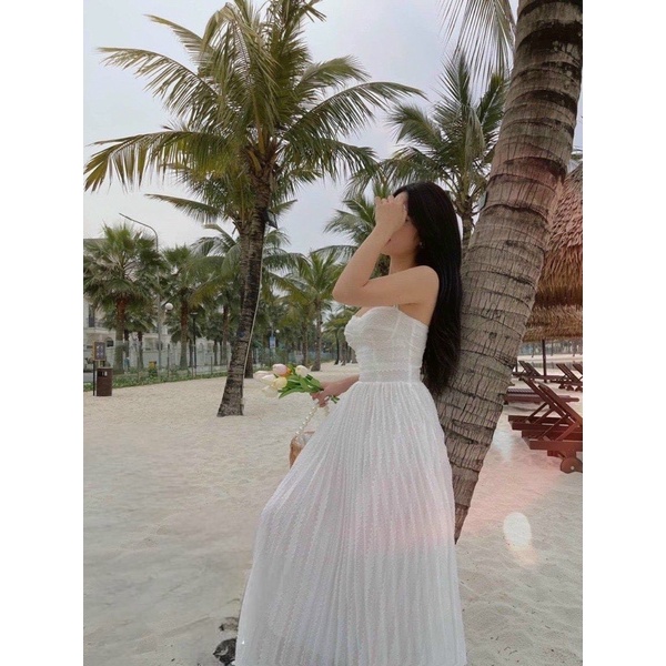 Đầm maxi ren hai dây dập ly ren rớt vai