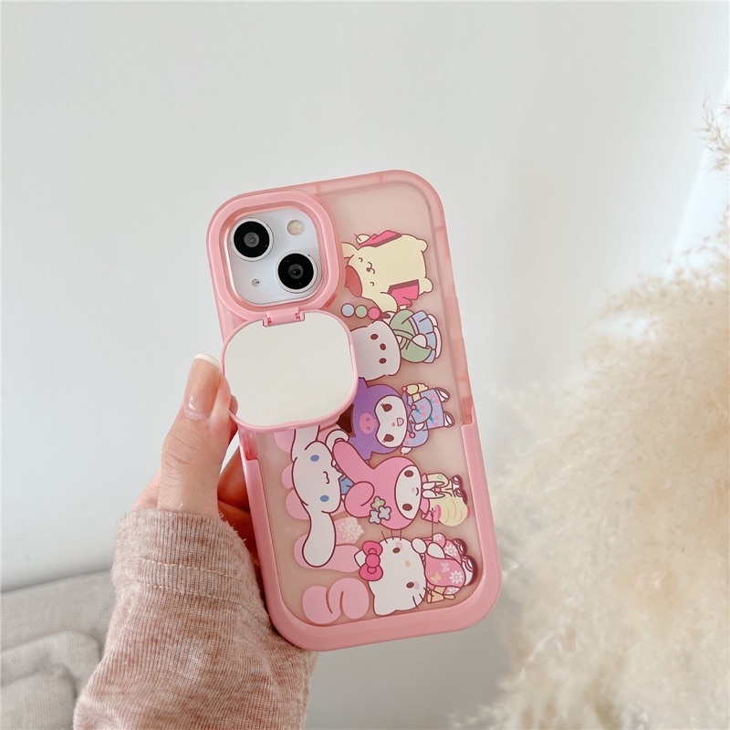 Ốp lưng iphone mềm dẻo có gương che bảo vệ camera và chân để bàn tiện lợi hoạt hình màu hồng baby