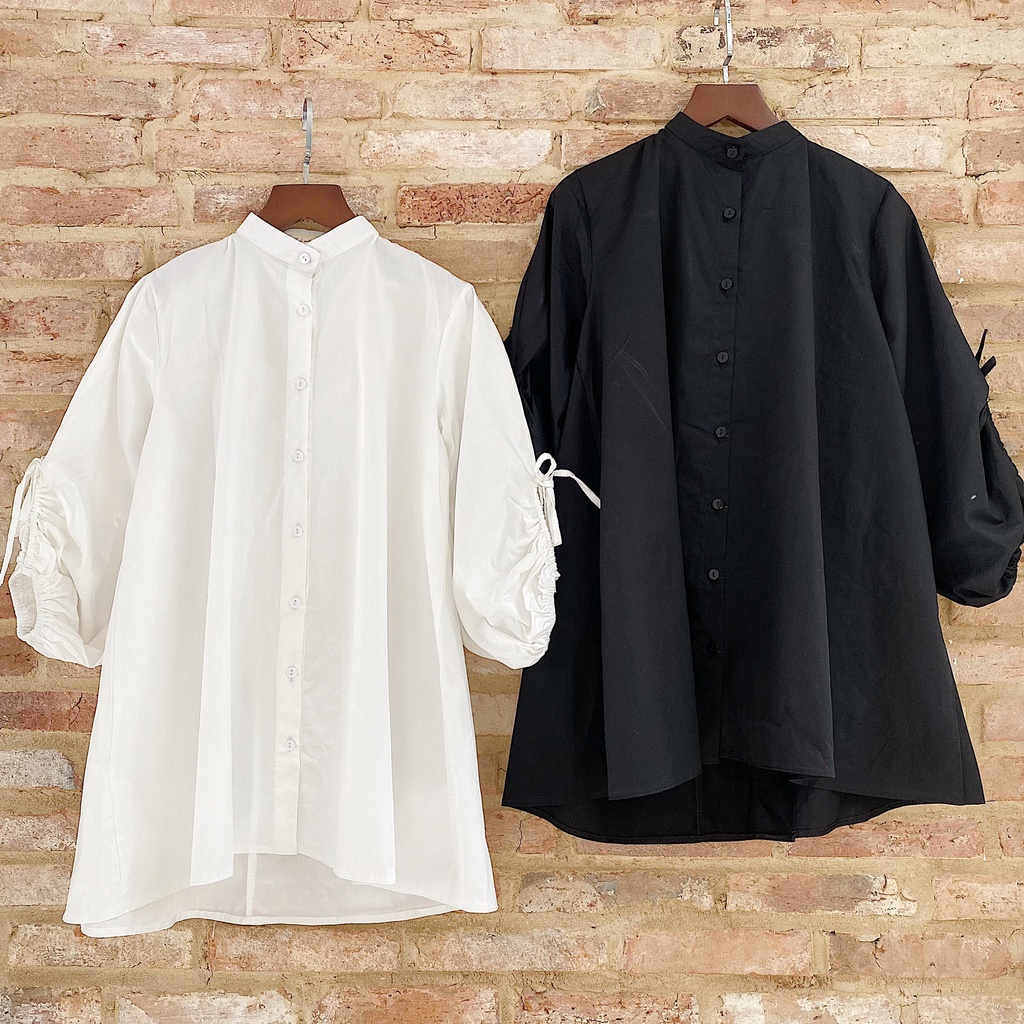 ÁO SƠMI KIỂU FORM SUÔNG CỘT NƠ TAY ÁO HAI MÀU TRẮNG ĐEN - BOW SHIRT