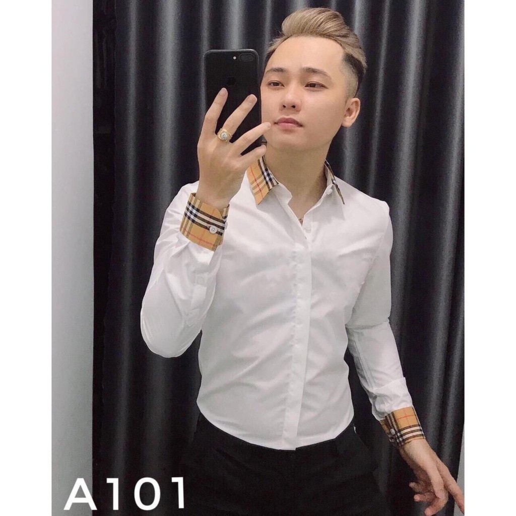 Áo sơ mi nam dài tay phối kẻ ca rô tay và cổ cực sang cực chất