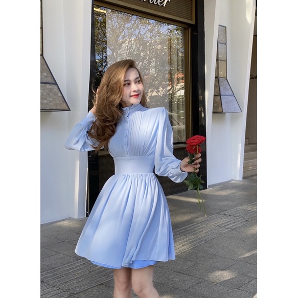 Đầm xoè cổ trụ 2 màu trắng và xanh - Jolie dress