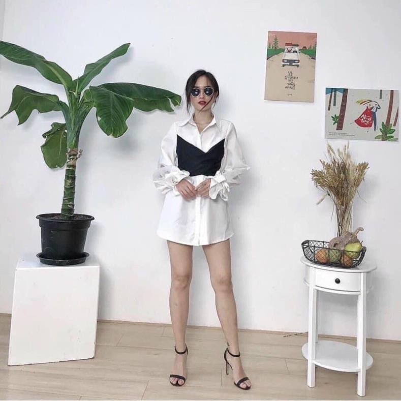 ÁO SƠMI GIẤU QUẦN LIỀN DOUBLE SHIRT DÁNG DÀi TAY ĐẮP CHÉO CỘT NƠ ĐEN PHÍA SAU  ྇