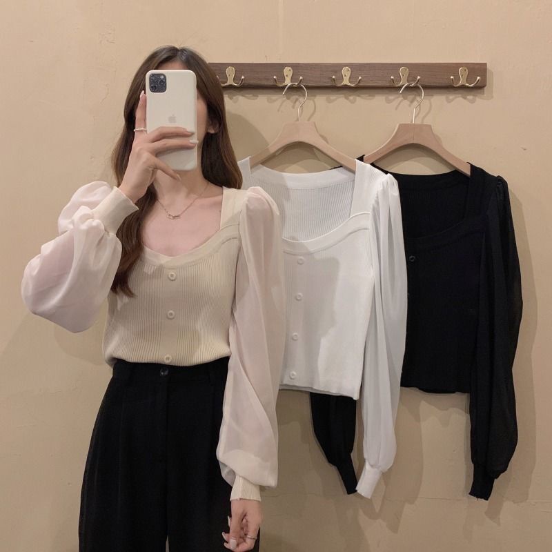 ❥ Áo Sweater Chiffon Cổ Vuông Dáng Ôm Thời Trang Mùa Thu 2022 Cho Nữ