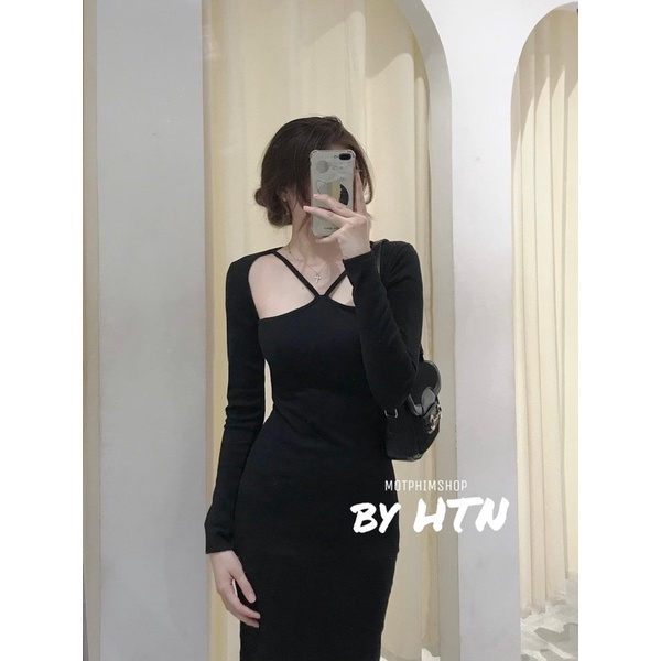 Set đầm cổ yếm áo khoác crotop đen