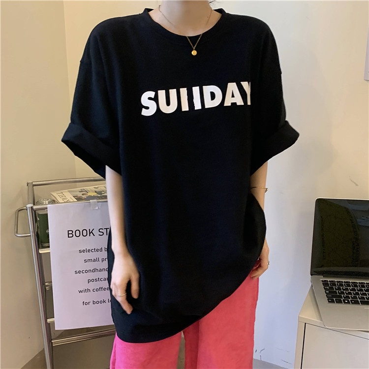 Áo Thun Tay Ngắn Cổ Tròn Dáng Rộng In Chữ Kiểu Hàn Quốc Thời Trang Mùa Hè Mới Cho Nữ