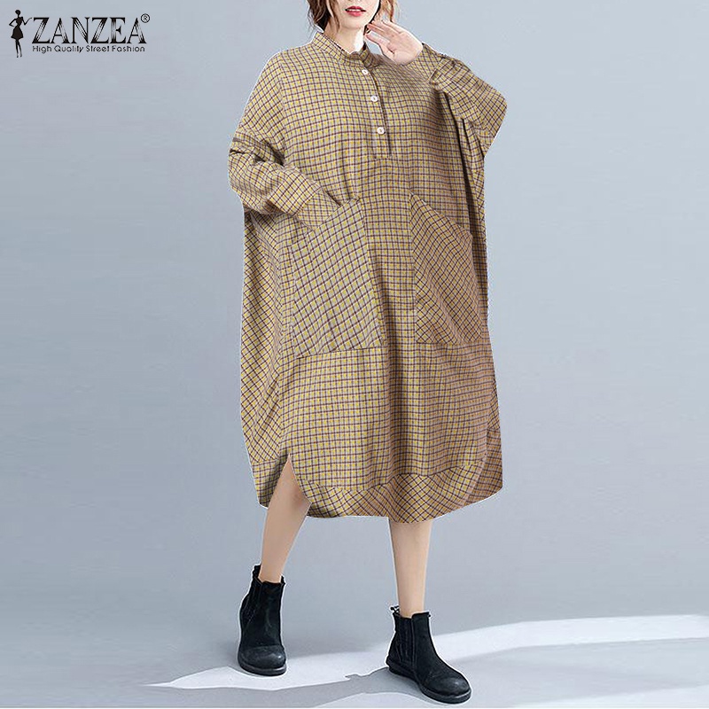 Đầm midi ZANZEA dáng rộng tay dài họa tiết kẻ sọc caro phong cách retro cho nữ