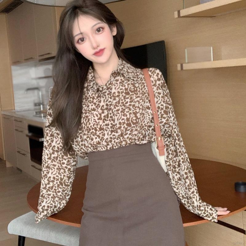 Áo Sơ Mi Dài Tay Dáng Rộng In Họa Tiết Da Báo Kiểu Cổ Điển Hàn Quốc Cá Tính