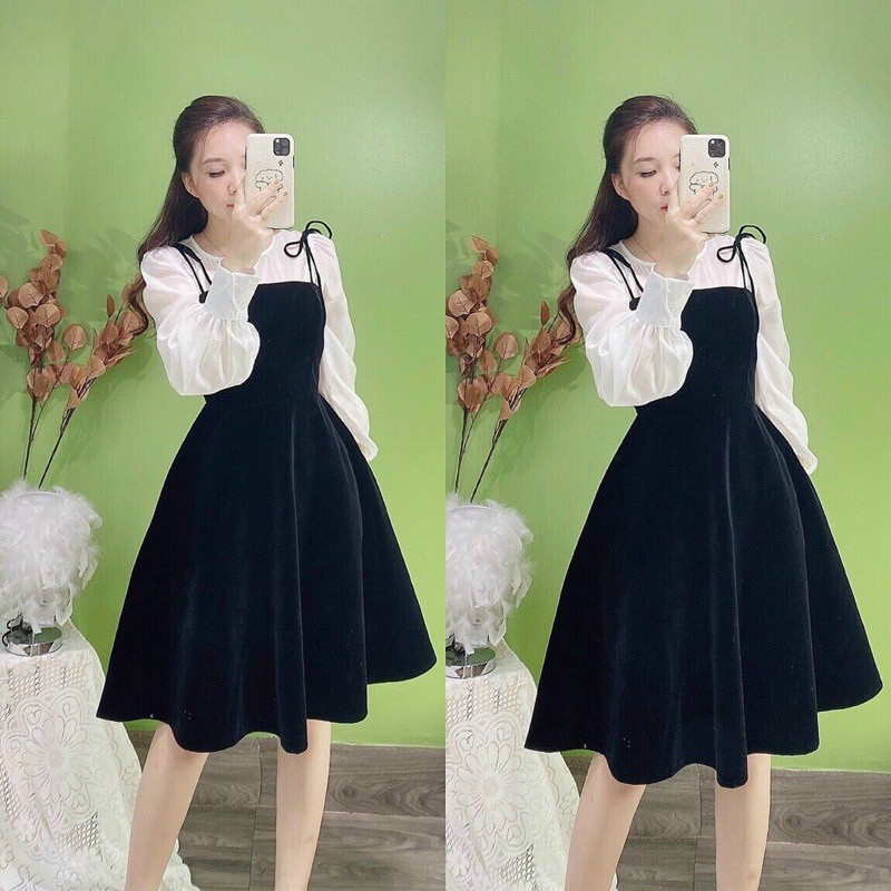 Váy Nhung Yếm Liền Phối Sơ Mi Siêu Xinh❤️