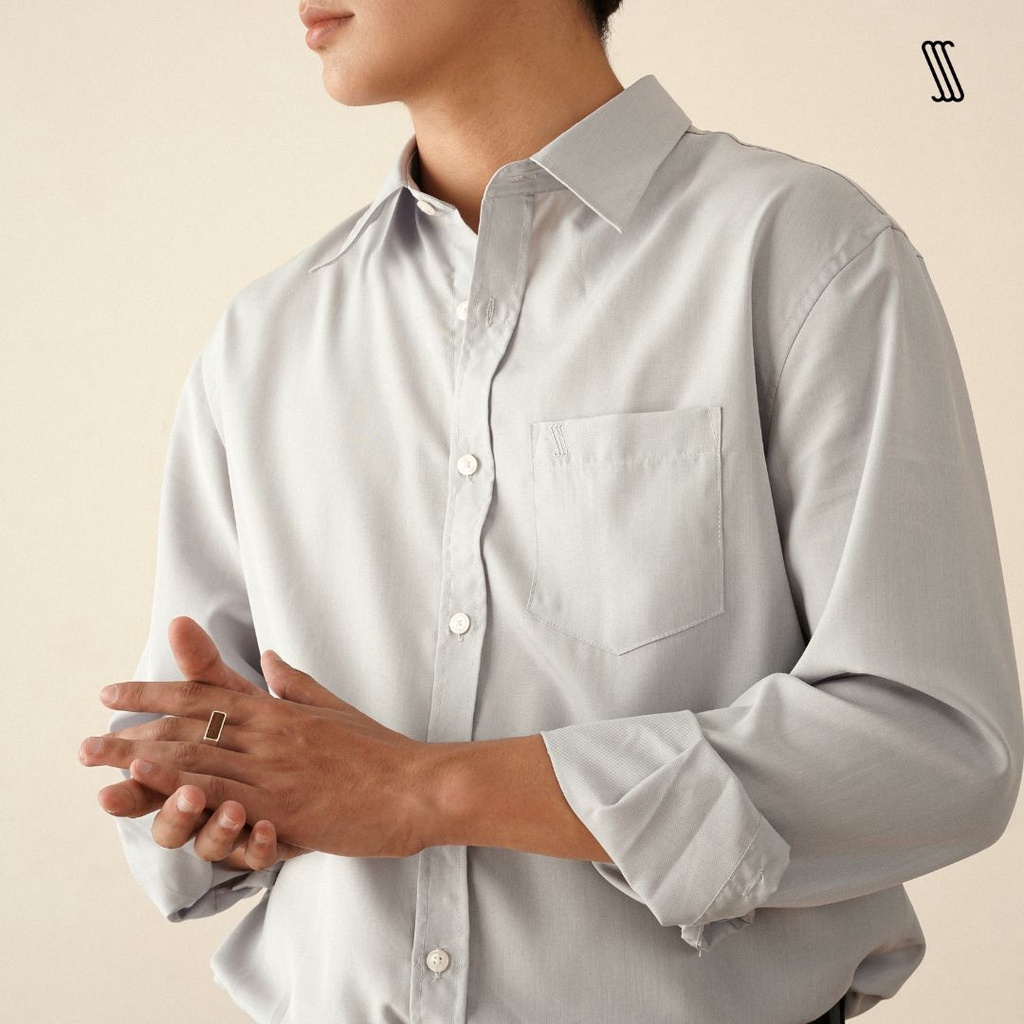 Áo sơ mi cổ đức nam dài tay SSSTUTTER cơ bản, co giãn thoáng mát thêu túi ốp ngực THINKER SHIRT