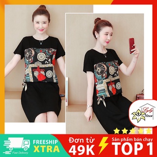Váy đầm bigsize nữ 100kg chất vải thun cotton co giãn 4 chiều phối họa tiết thổ cẩm size 4XL - 5XL (70Kg - 100Kg)