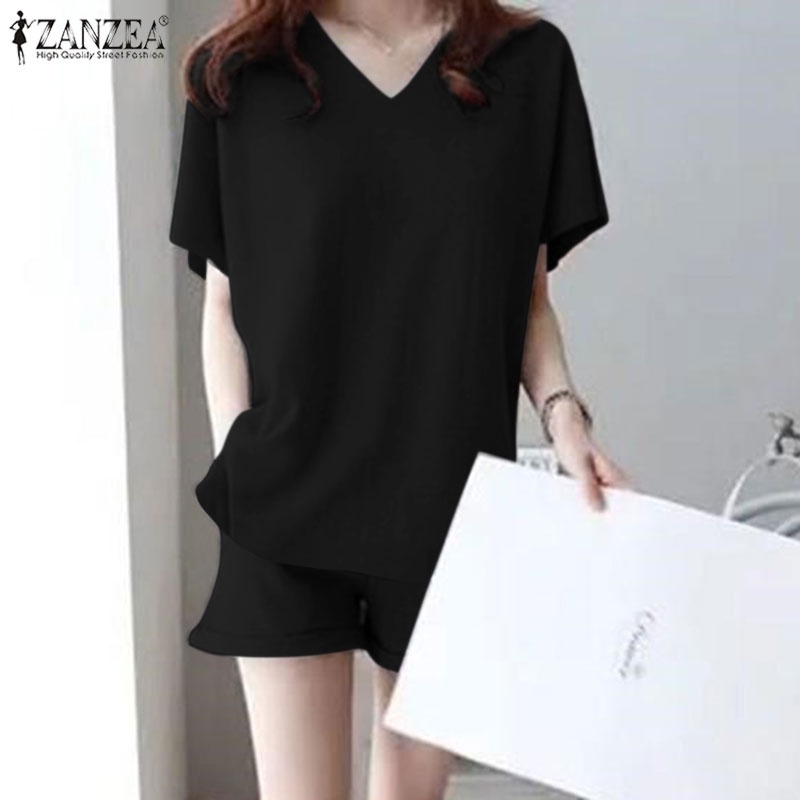 Set đồ Zanzea gồm áo thun ngắn tay cổ tim và quần short ống rộng thời trang dành cho nữ