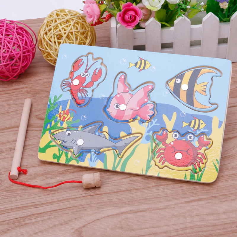 ℜ-ℜ Baby Wooden Magnetic Fishing Game Board 3D Jigsaw Puzzle Children Education