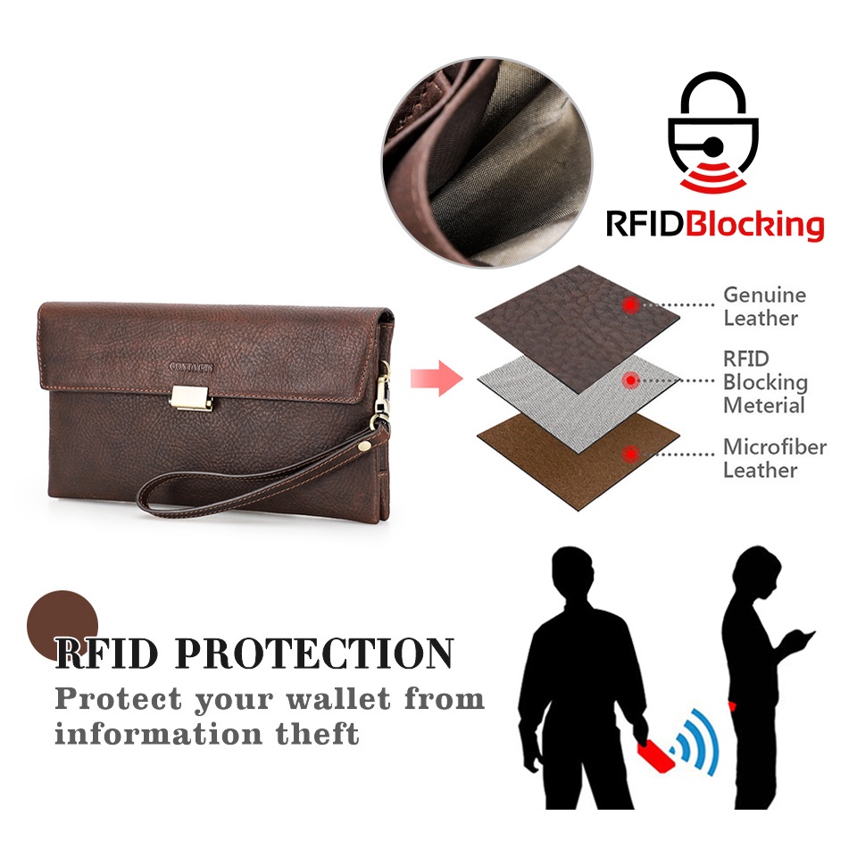 Ví da cầm tay CONTACT'S cỡ lớn đựng được điện thoại/ thẻ RFID có dây đeo cổ tay dành cho nam