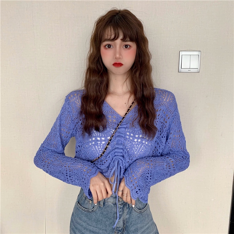 Áo Dệt Kim Tay Dài Cổ Chữ V Dáng Rộng Phối Dây Rút Thời Trang Trẻ Trung