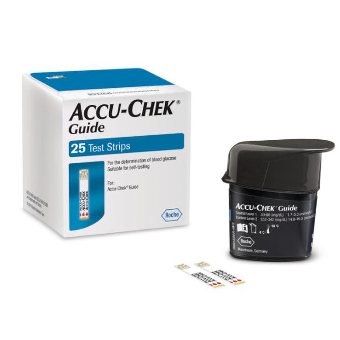 TRỌN BỘ Máy &amp; 25 que đo đường huyết Accu-Chek Guide, NK chính hãng, nguyên hộp từ Mỹ,  có đủ tem phụ TV, SX tại Mỹ