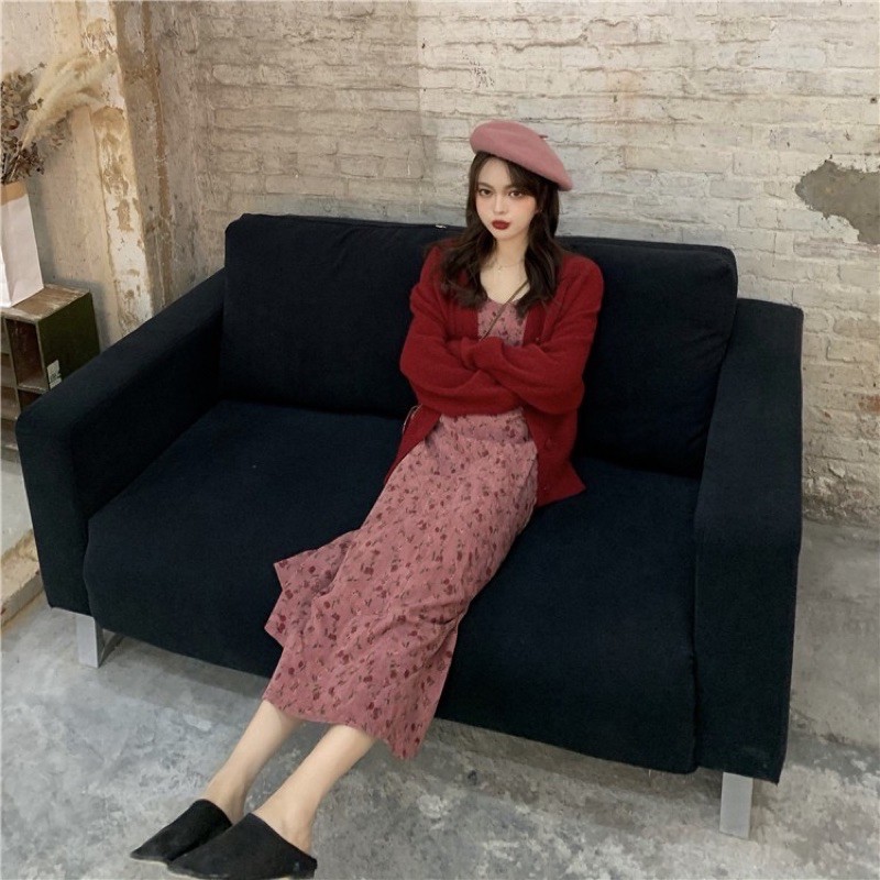 Set áo cardigan váy hoa