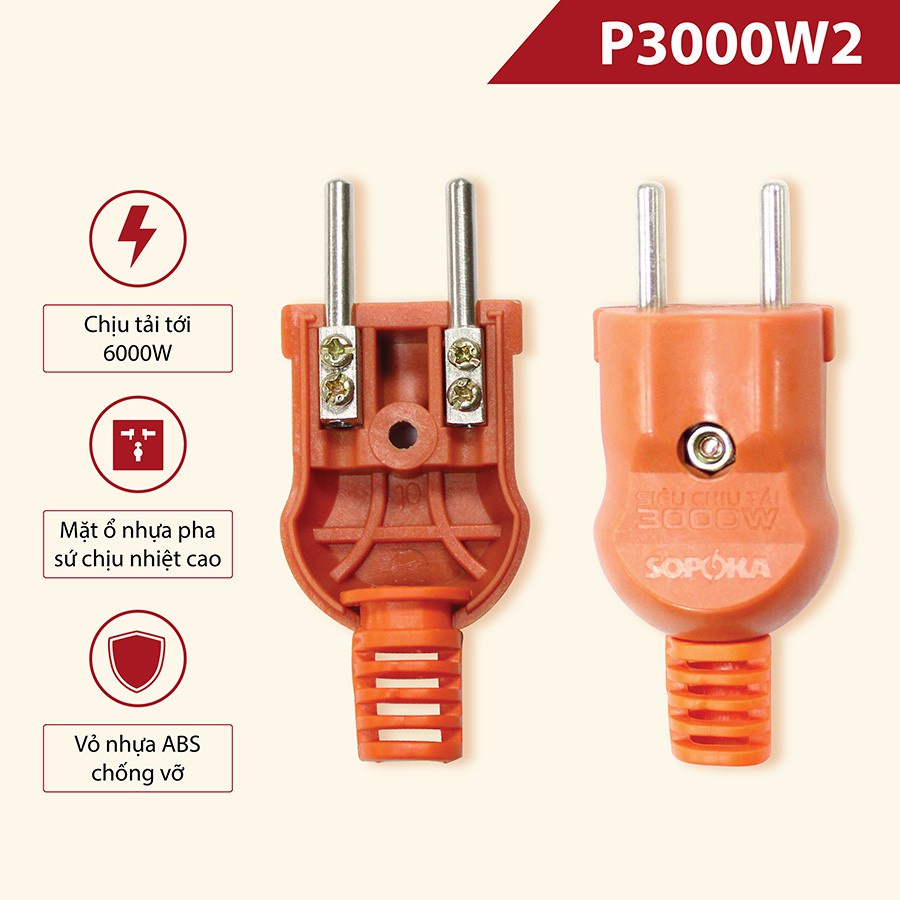 Phích cắm siêu tải SOPOKA P3000W2+ chống vỡ chịu nhiệt chịu tải cao 3000W