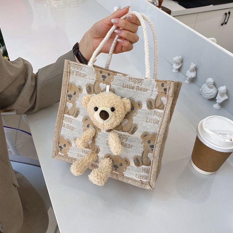Túi cói kèm gấu bông Teddy Mini cực xinh