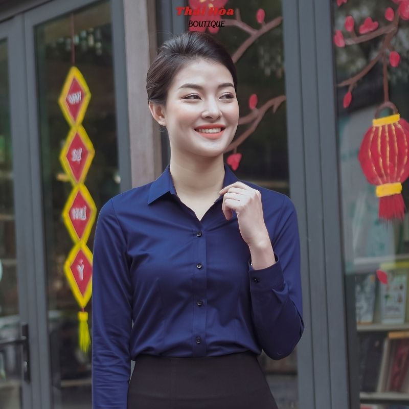 Áo sơ mi nữ cao cấp công sở kiểu dài tay vải sợi tre màu xanh than Thái Hoà 8919-09-01
